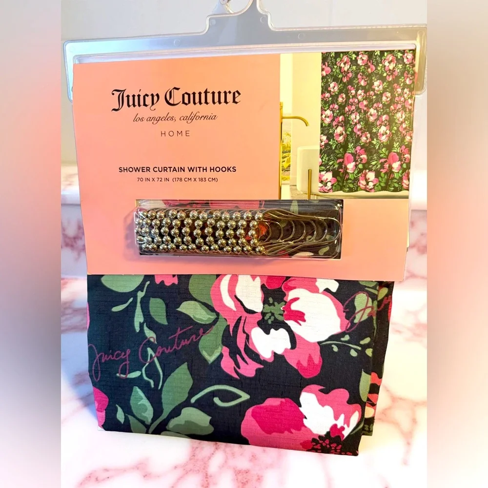Juicy Couture Los Angeles NWT Beautiful Pink Rose Floral Shower Curtain & Hooks